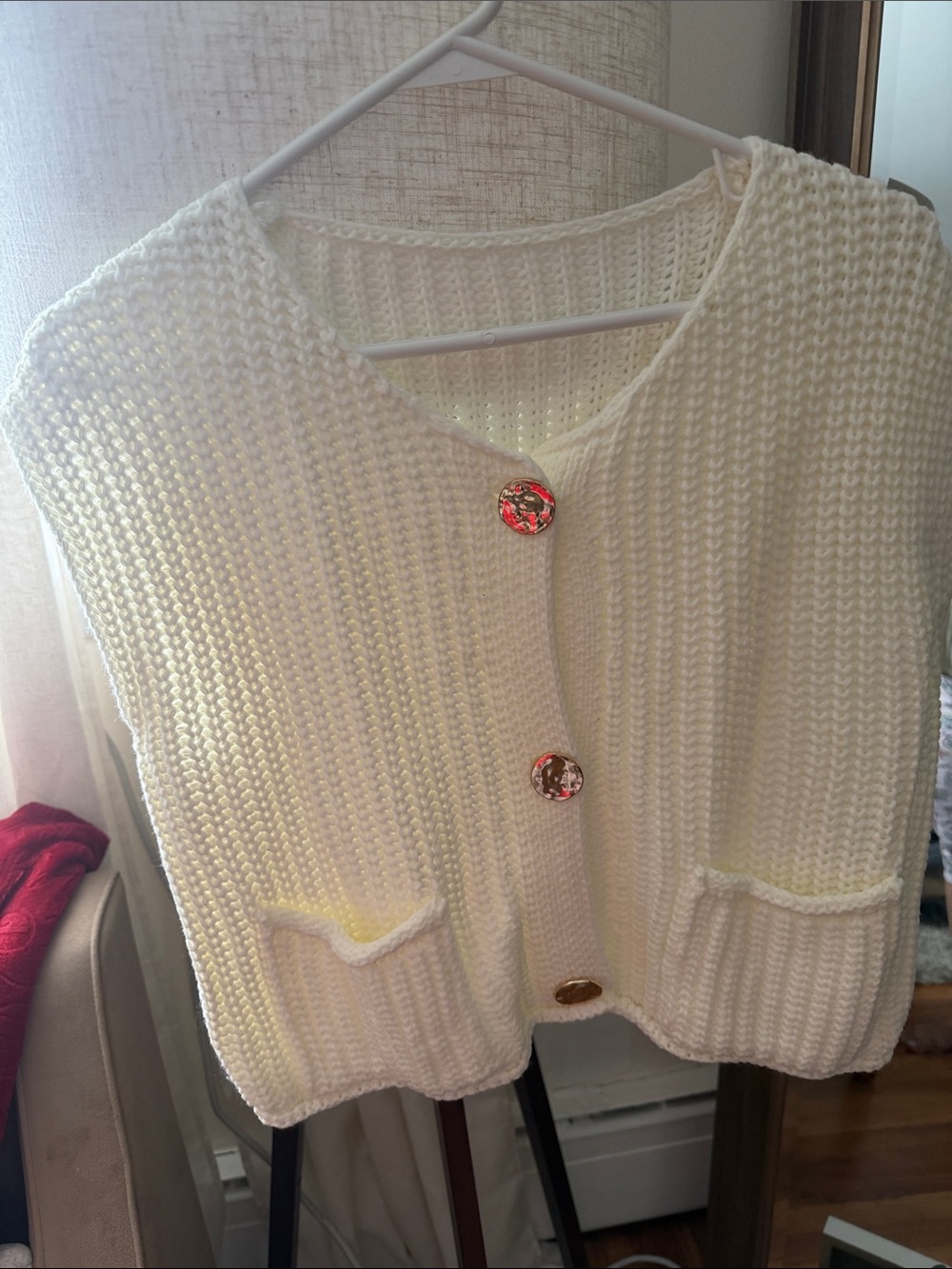 Cream Knit Button-Front Women's Vest with Pockets